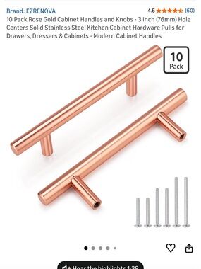 EZRENOVA Rose Gold T-Bar Cabinet Pulls - 3" (10 Pack) 5” long 3” hole center